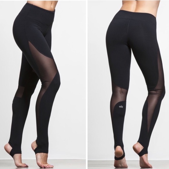 ALO Yoga High-Waist Black Mesh Cut-Out Stirrup Yoga Coast Leggings Women’s Small - Picture 1 of 12